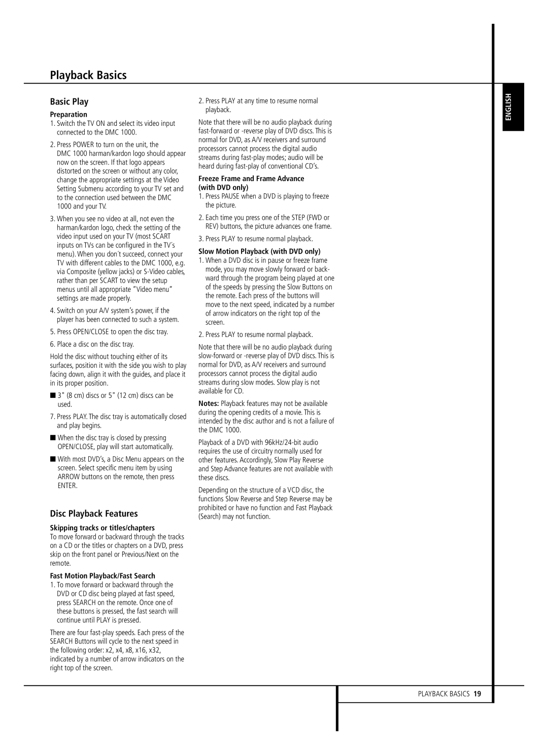 Harman-Kardon DMC 1000 owner manual Playback Basics, Basic Play, Disc Playback Features 