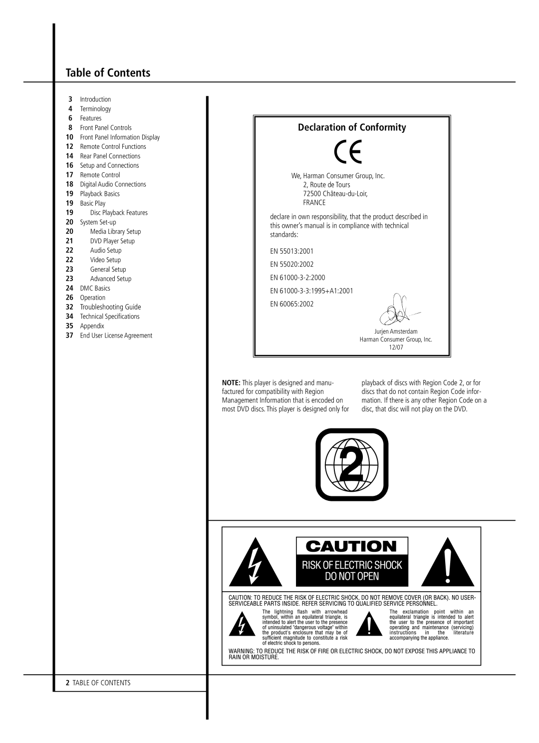 Harman-Kardon DMC 1000 owner manual Table of Contents 