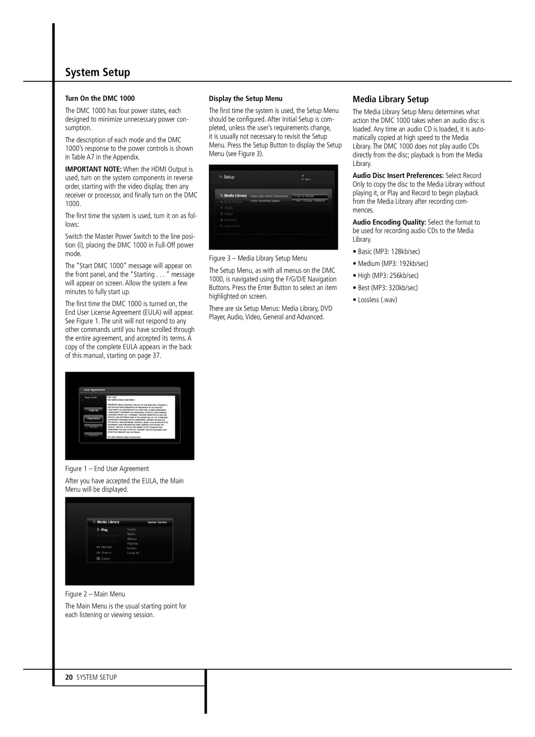 Harman-Kardon DMC 1000 owner manual System Setup, Media Library Setup, Turn On the DMC, Display the Setup Menu 