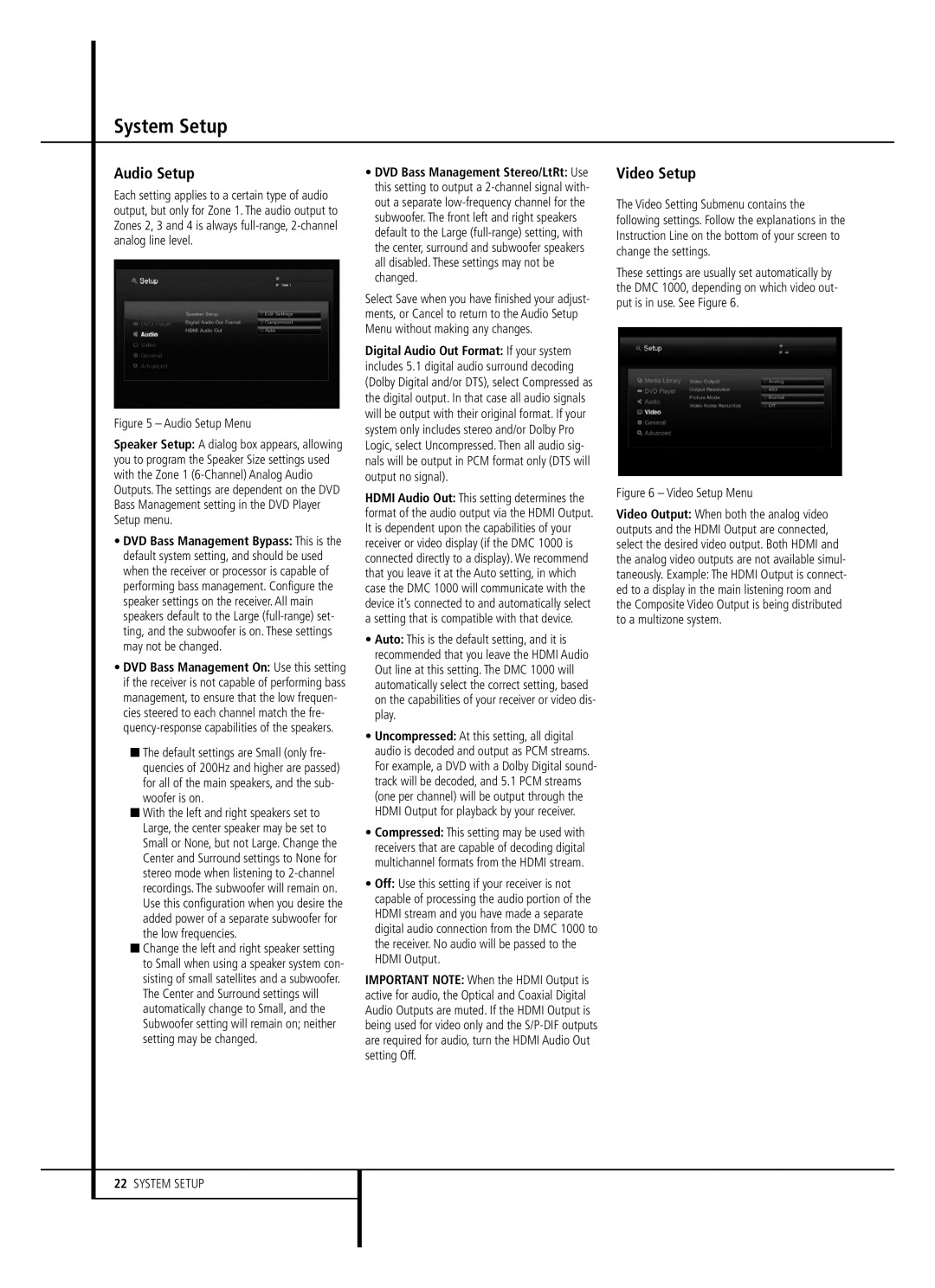 Harman-Kardon DMC 1000 owner manual Audio Setup, Video Setup 