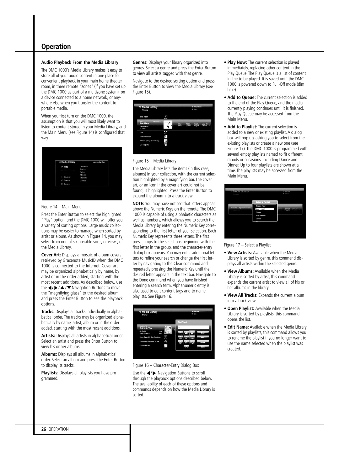 Harman-Kardon DMC 1000 owner manual Operation, Audio Playback From the Media Library 