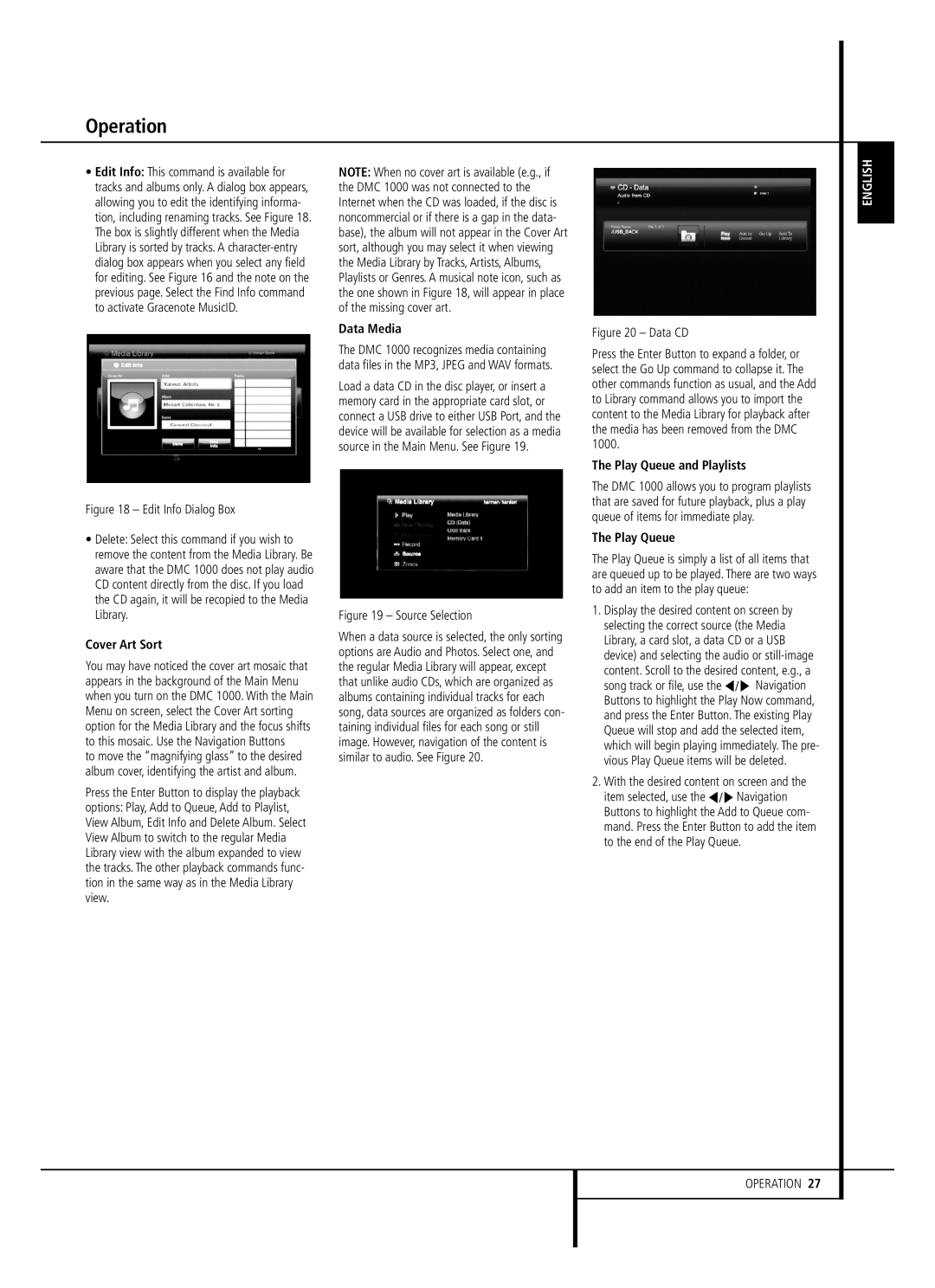 Harman-Kardon DMC 1000 owner manual Cover Art Sort, Data Media, Play Queue and Playlists 