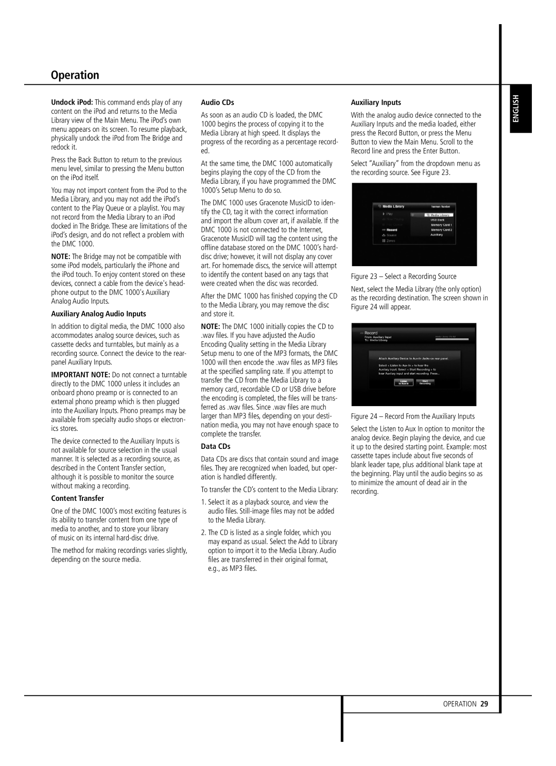 Harman-Kardon DMC 1000 owner manual Auxiliary Analog Audio Inputs, Content Transfer, Audio CDs, Data CDs, Auxiliary Inputs 