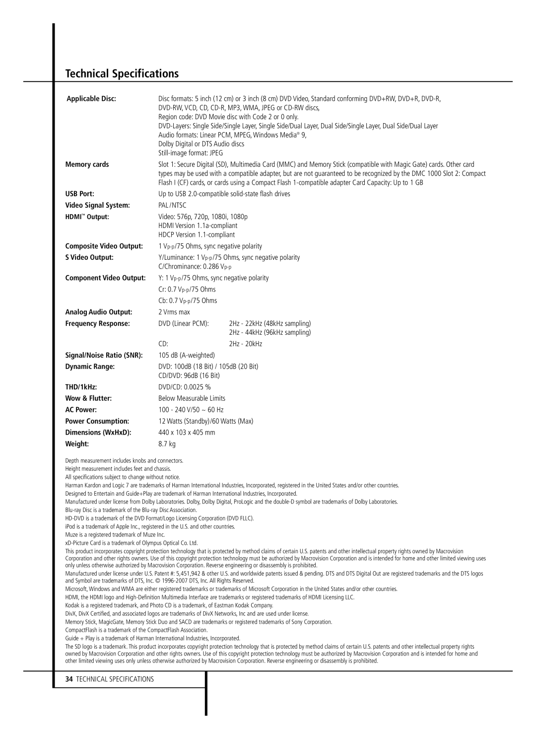 Harman-Kardon DMC 1000 owner manual Technical Specifications 