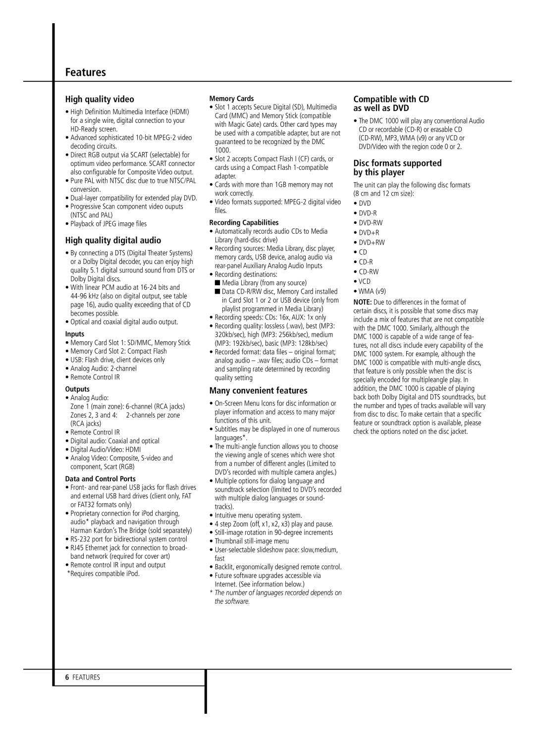 Harman-Kardon DMC 1000 owner manual Features, High quality video, High quality digital audio, Many convenient features 