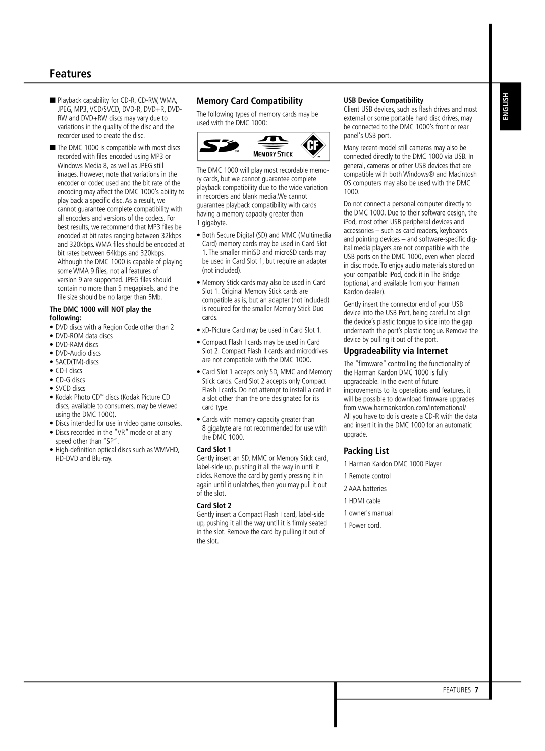 Harman-Kardon DMC 1000 owner manual Memory Card Compatibility, Upgradeability via Internet Packing List, Card Slot 