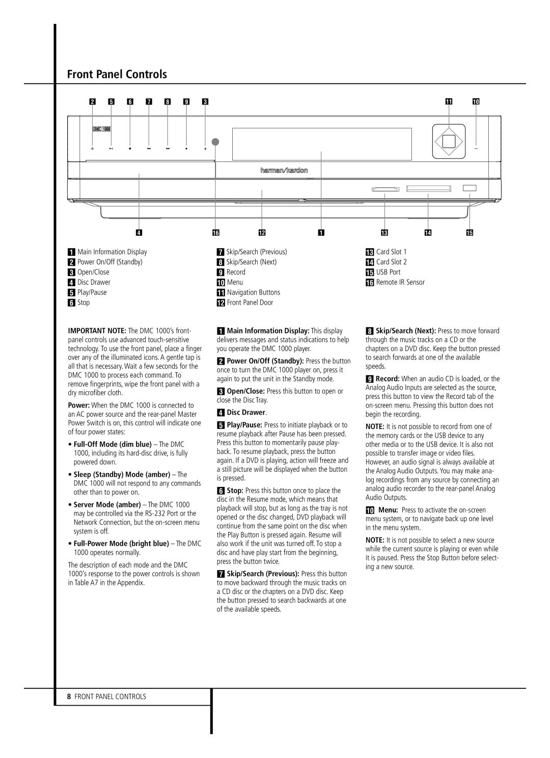 Harman-Kardon DMC 1000 owner manual Front Panel Controls, Play/Pause Navigation Buttons Stop Front Panel Door, Disc Drawer 