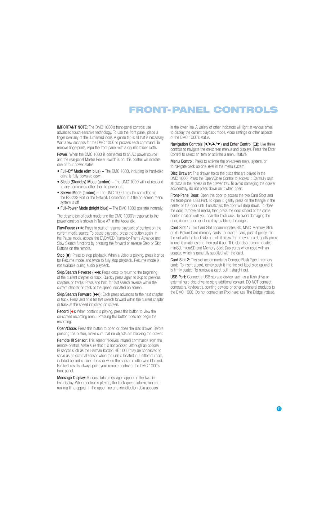 Harman-Kardon DMC 1000 manual FRONT-PANEL Controls 