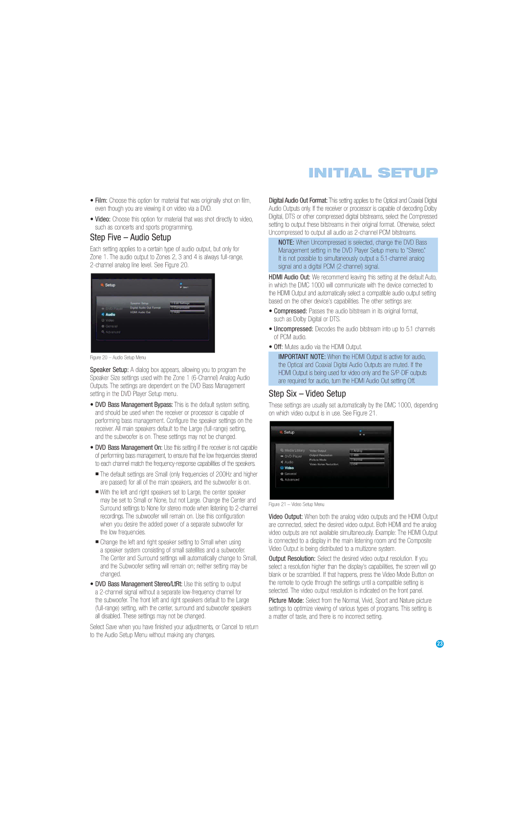 Harman-Kardon DMC 1000 manual Step Five Audio Setup, Step Six Video Setup, Low frequencies 