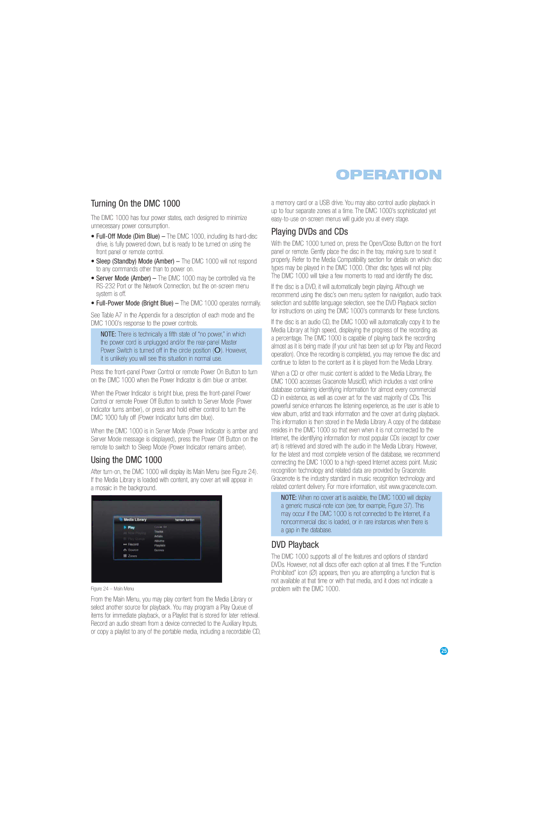 Harman-Kardon DMC 1000 manual Operation, Turning On the DMC, Using the DMC, Playing DVDs and CDs, DVD Playback 