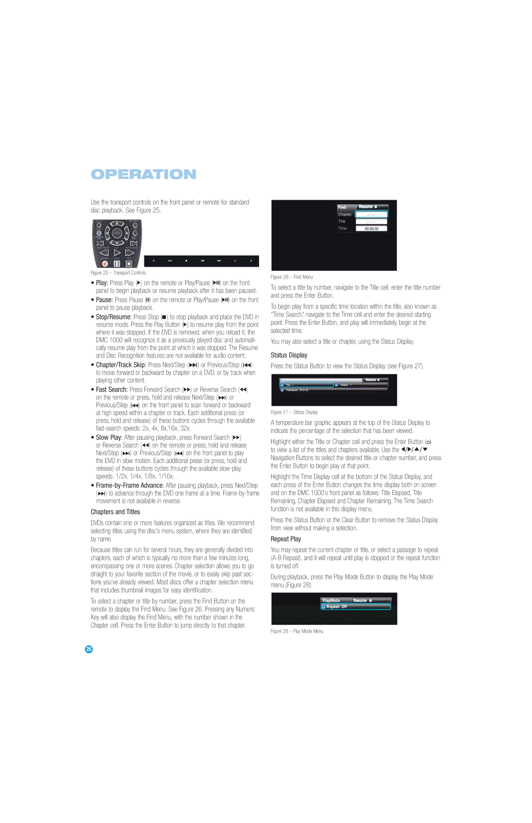 Harman-Kardon DMC 1000 manual Chapters and Titles, Status Display, Repeat Play 