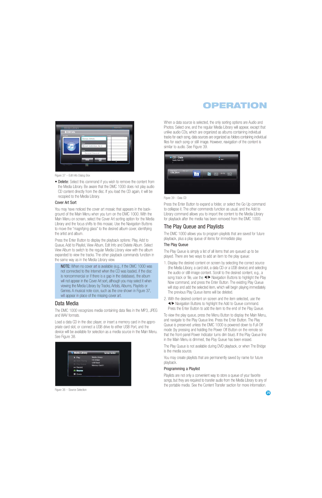 Harman-Kardon DMC 1000 manual Data Media, Play Queue and Playlists, Cover Art Sort 