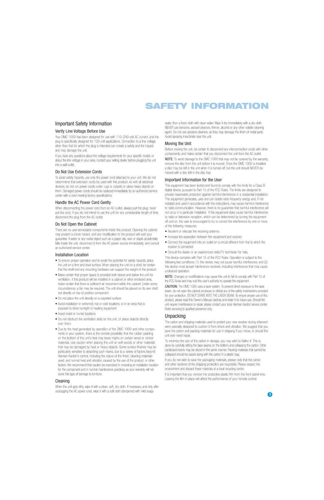 Harman-Kardon DMC 1000 manual Important Safety Information 