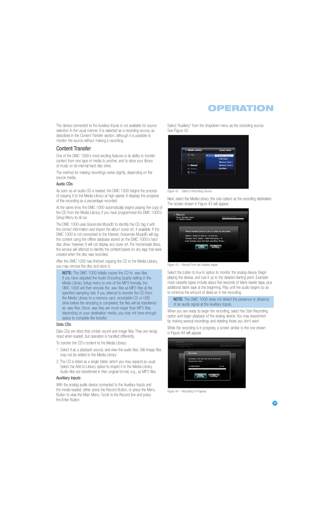 Harman-Kardon DMC 1000 Content Transfer, Data CDs, To transfer the CD’s content to the Media Library, Auxiliary Inputs 