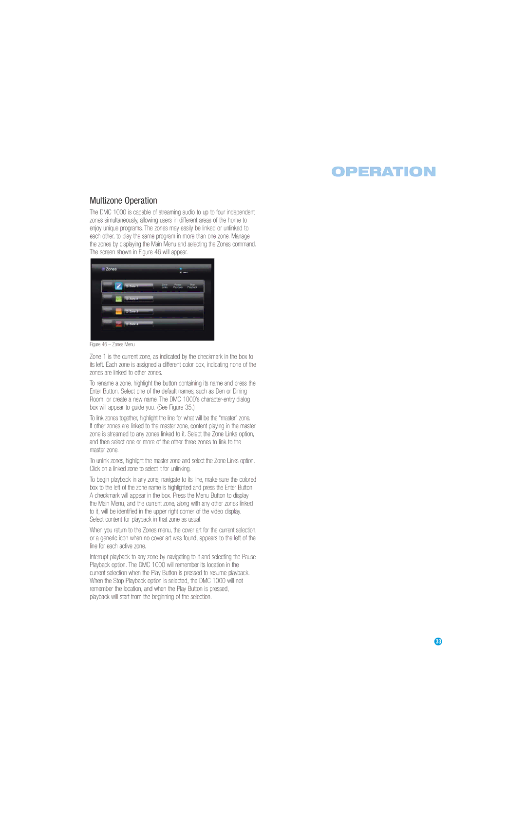 Harman-Kardon DMC 1000 manual Multizone Operation, Zones Menu 