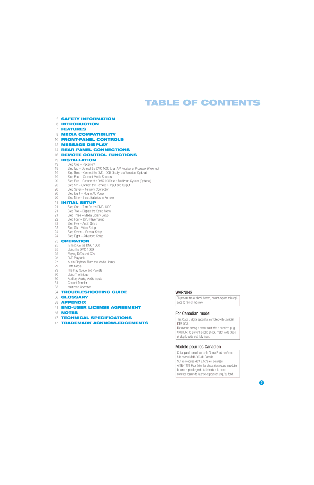 Harman-Kardon DMC 1000 manual Table of Contents 