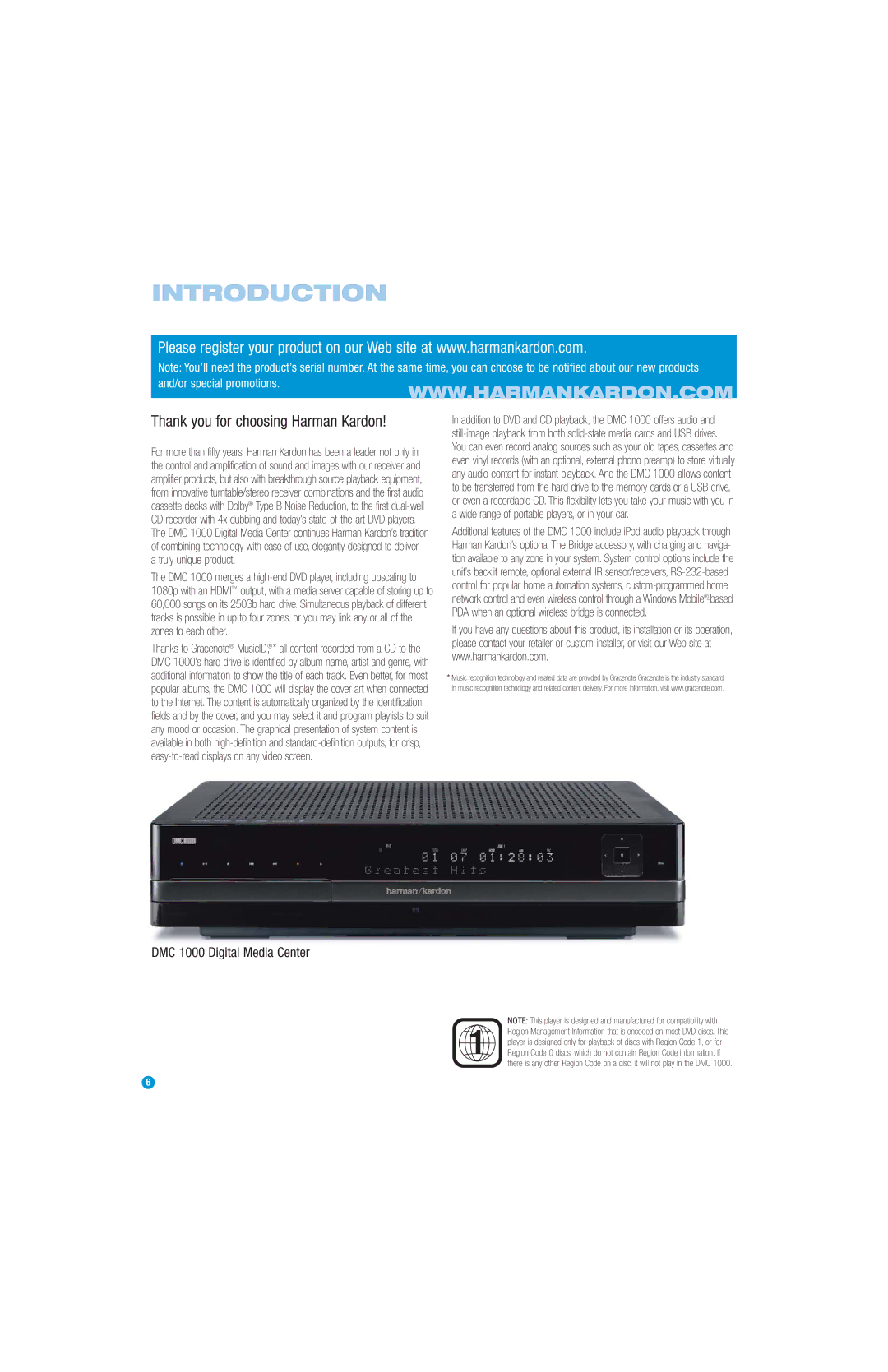 Harman-Kardon manual Introduction, Thank you for choosing Harman Kardon, DMC 1000 Digital Media Center 