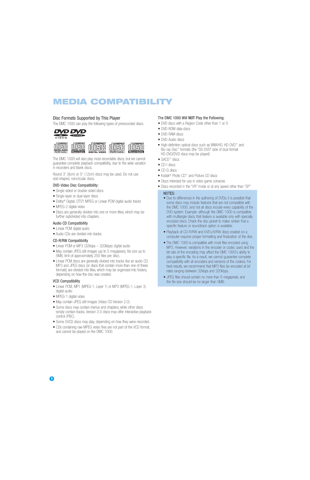 Harman-Kardon DMC 1000 manual Media Compatibility, Disc Formats Supported by This Player, MPEG-2 digital video 