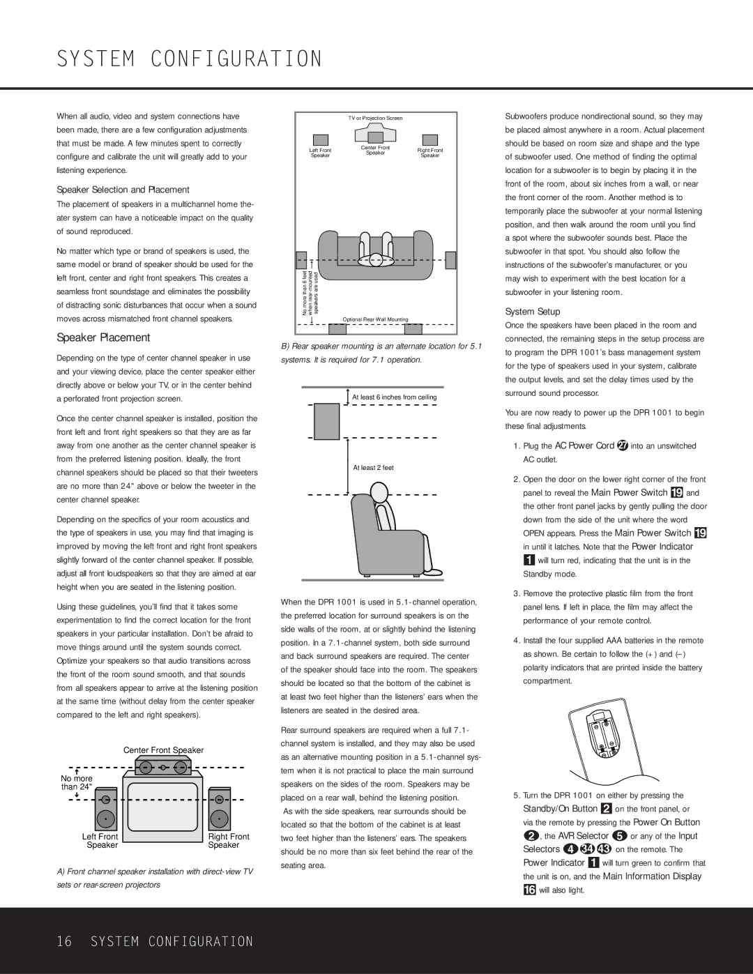 Harman-Kardon DPR 1001 owner manual System Configuration, Speaker Placement, Speaker Selection and Placement, System Setup 