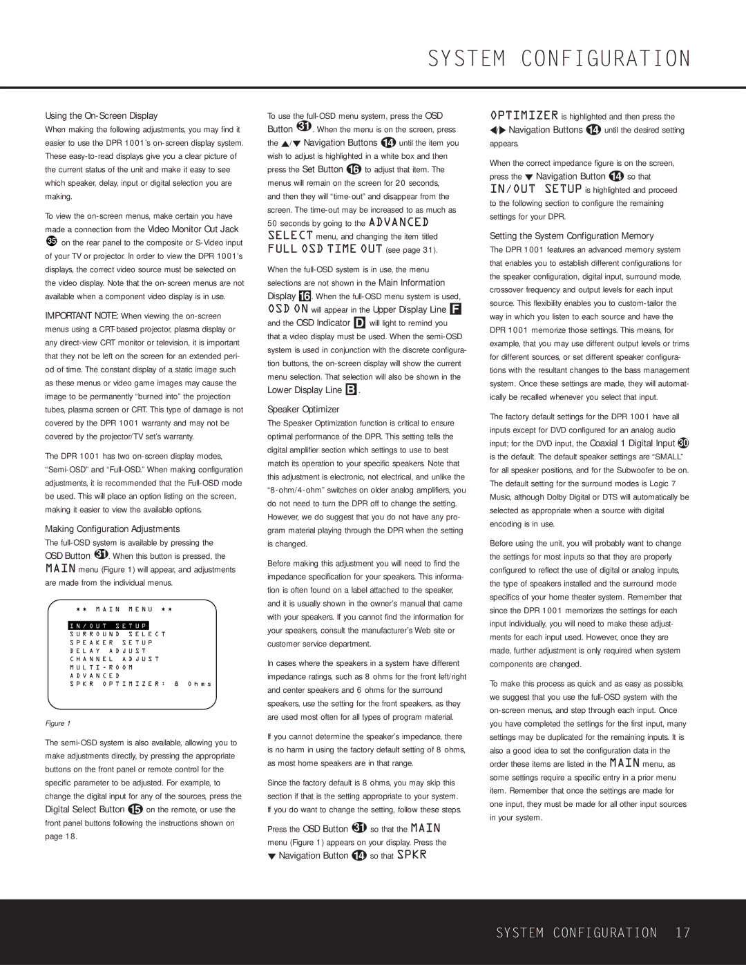 Harman-Kardon DPR 1001 owner manual Using the On-Screen Display, Making Configuration Adjustments 