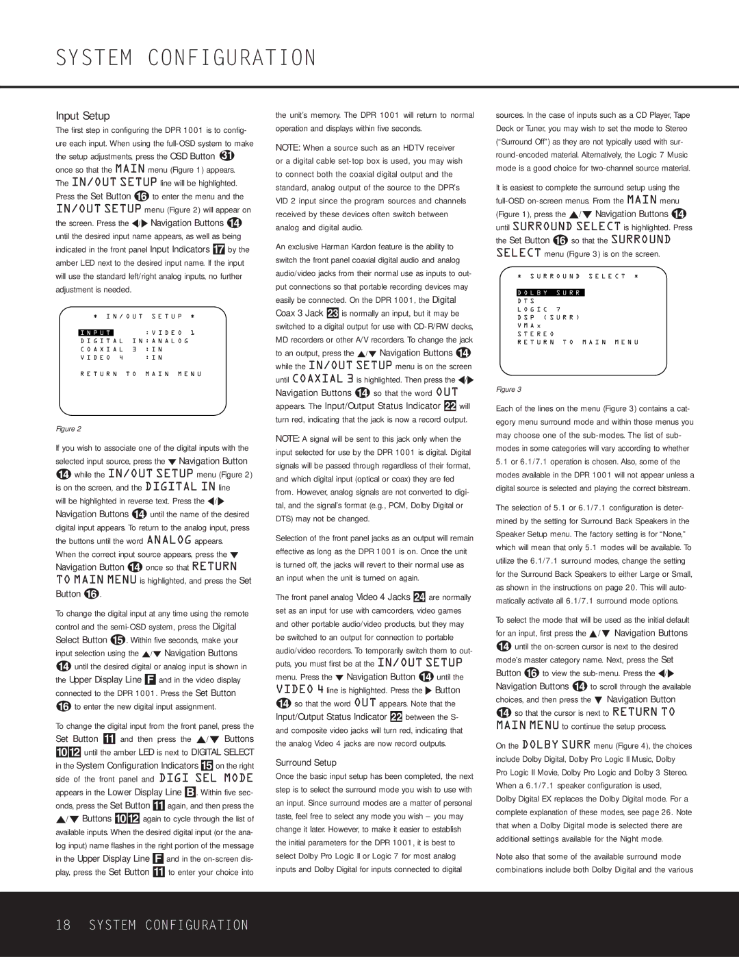 Harman-Kardon DPR 1001 owner manual Input Setup, Surround Setup 