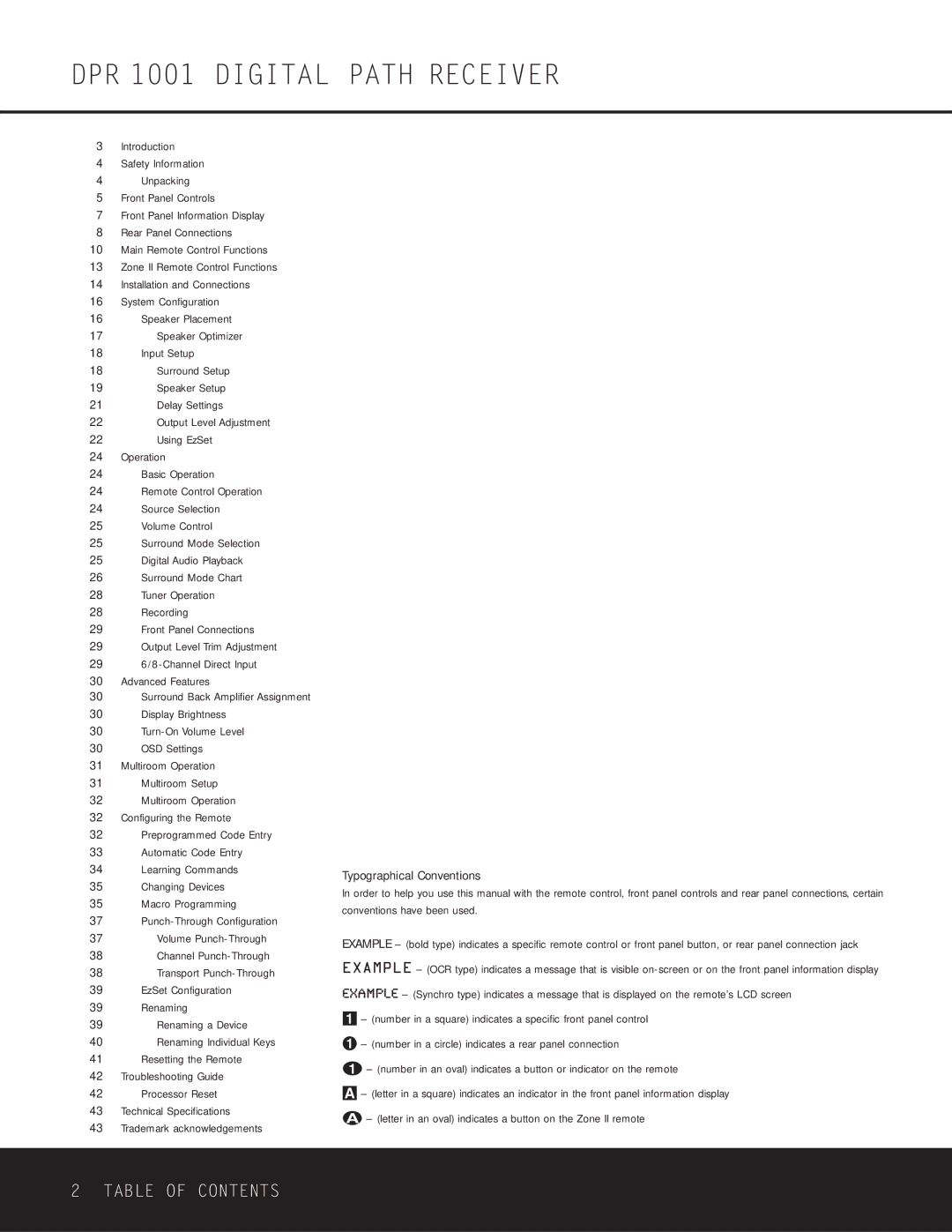 Harman-Kardon owner manual DPR 1001 Digital Path Receiver, Table of Contents 