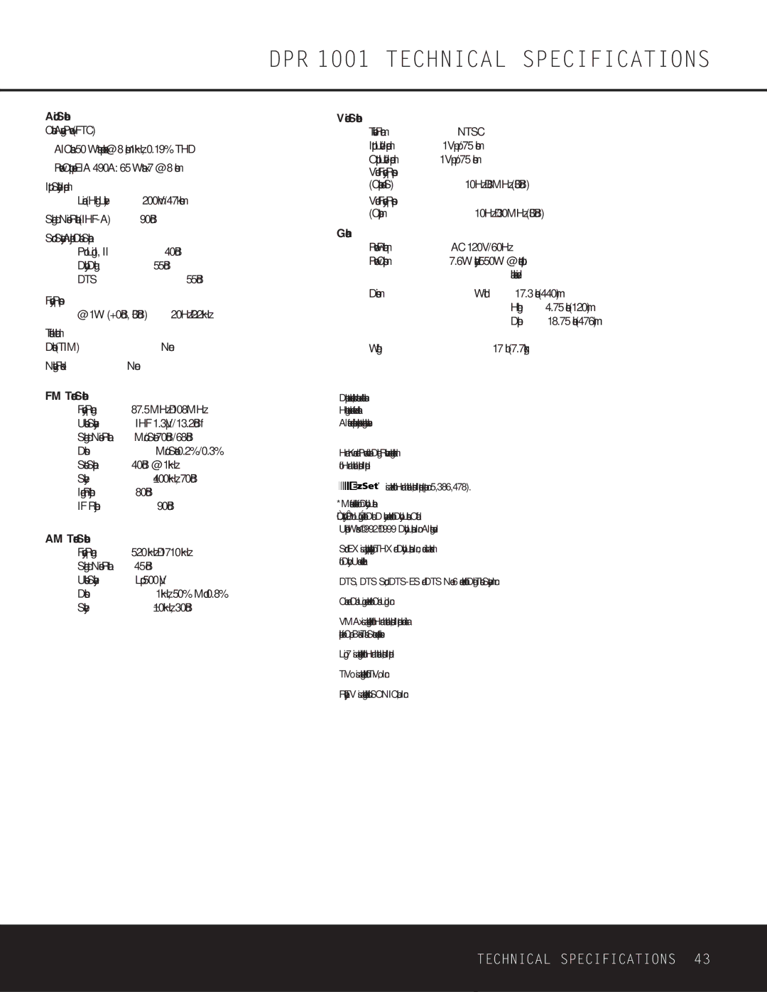 Harman-Kardon owner manual DPR 1001 Technical Specifications 