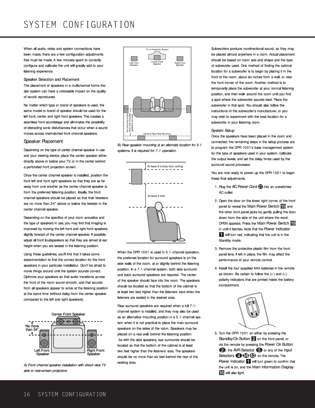 Harman-Kardon DPR 1001 owner manual System Configuration, Speaker Placement, Speaker Selection and Placement, System Setup 