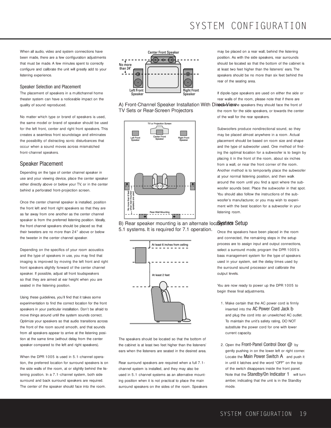 Harman-Kardon DPR 1005 owner manual System Configuration, Speaker Placement, System Setup, Speaker Selection and Placement 