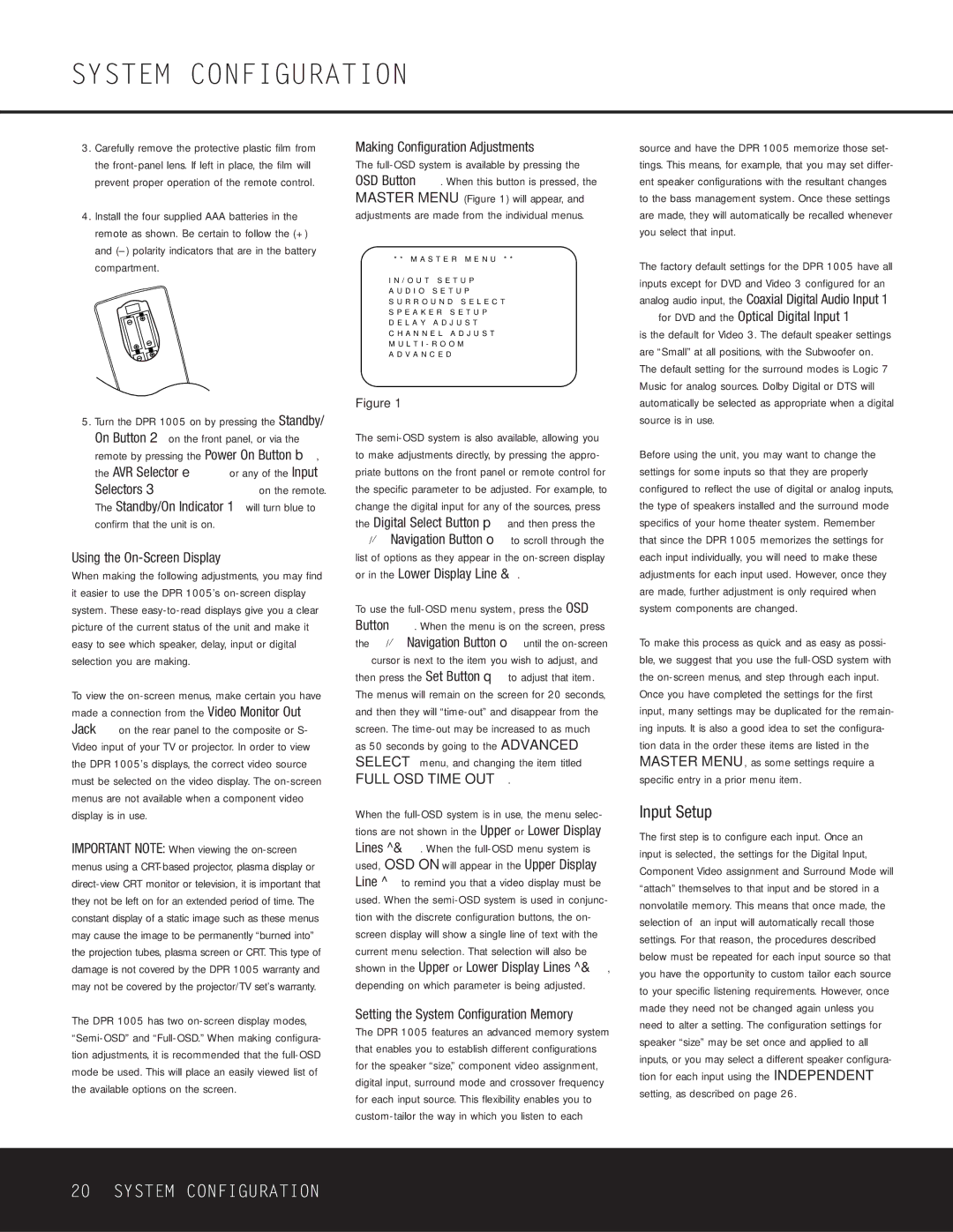 Harman-Kardon DPR 1005 owner manual Input Setup, Making Configuration Adjustments, Setting the System Configuration Memory 