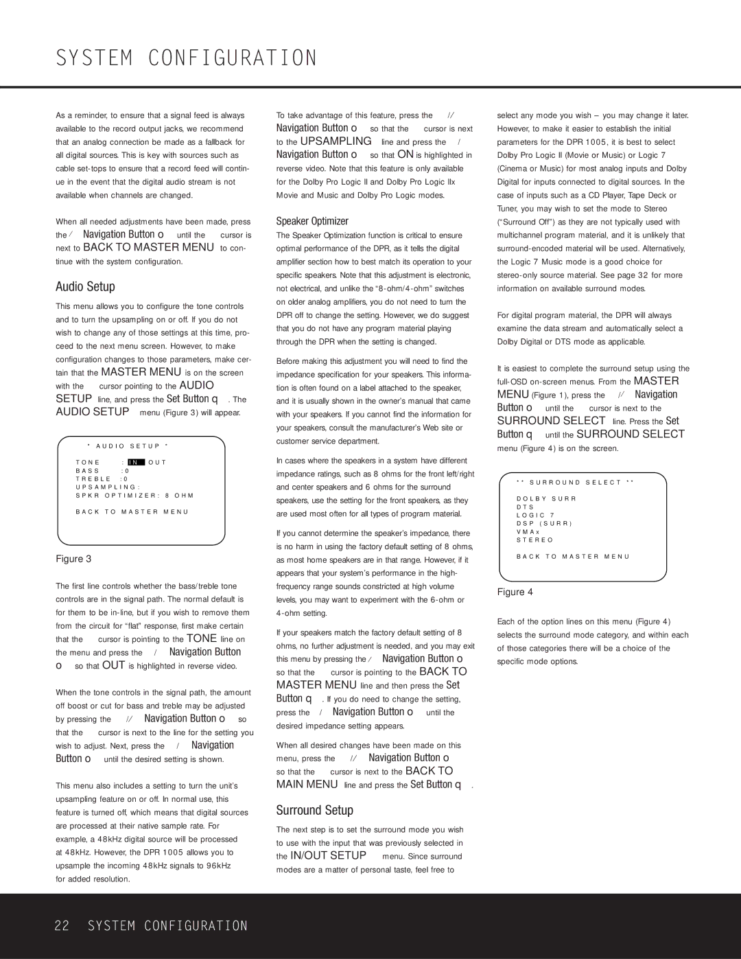 Harman-Kardon DPR 1005 owner manual Audio Setup, Surround Setup, For added resolution, Speaker Optimizer 