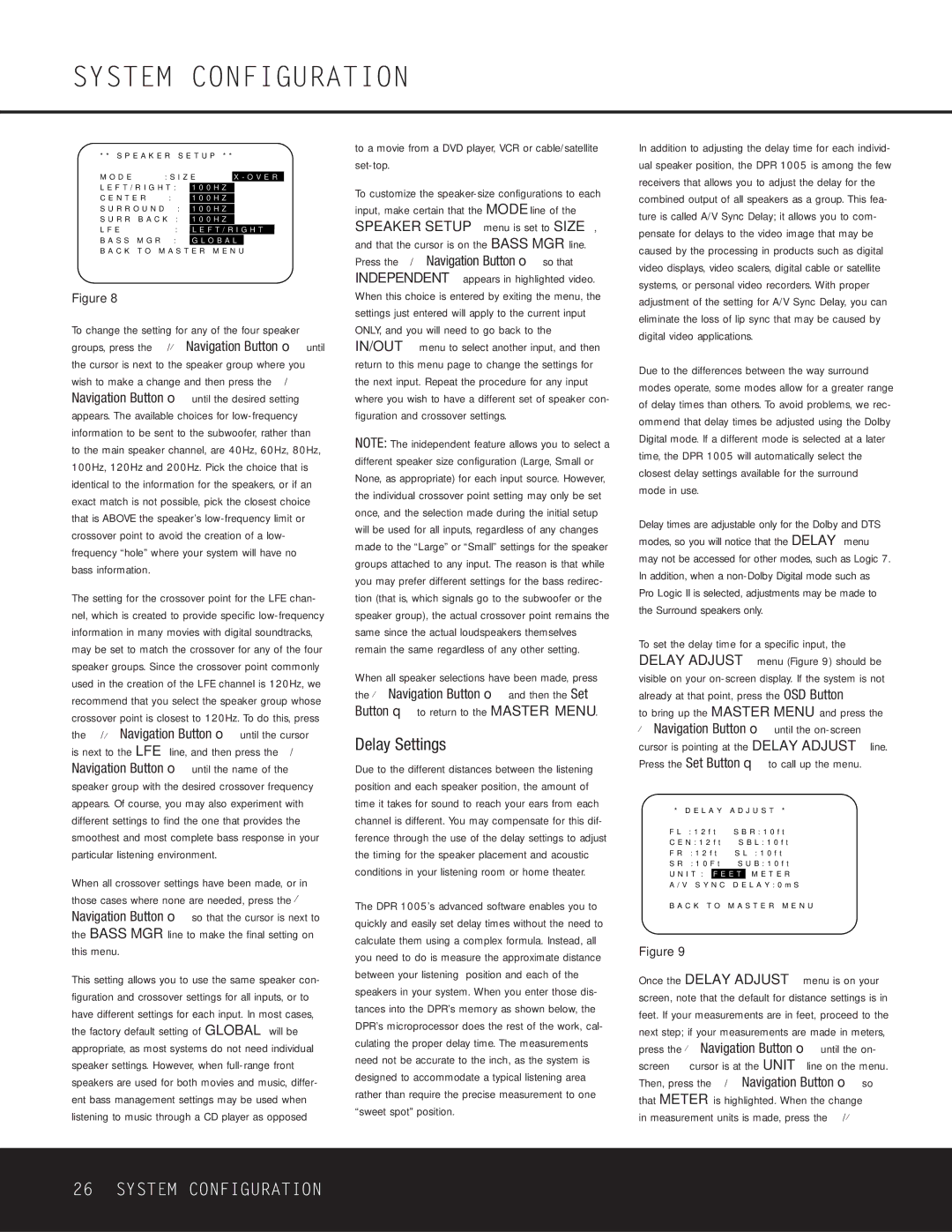 Harman-Kardon DPR 1005 Delay Settings, To bring up the Master Menu and press, Measurement units is made, press the ⁄/¤ 