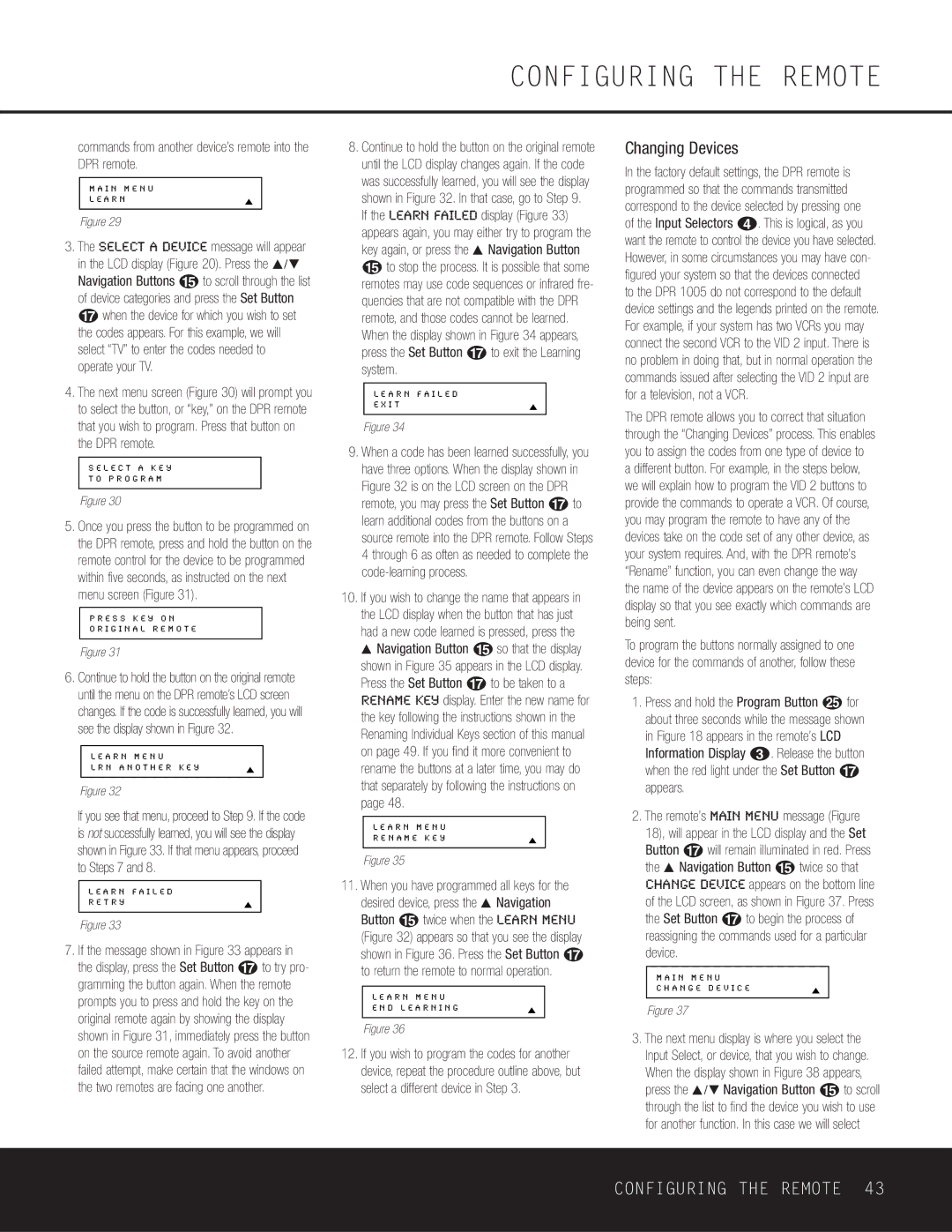 Harman-Kardon DPR 1005 owner manual Changing Devices, Commands from another device’s remote into the DPR remote 