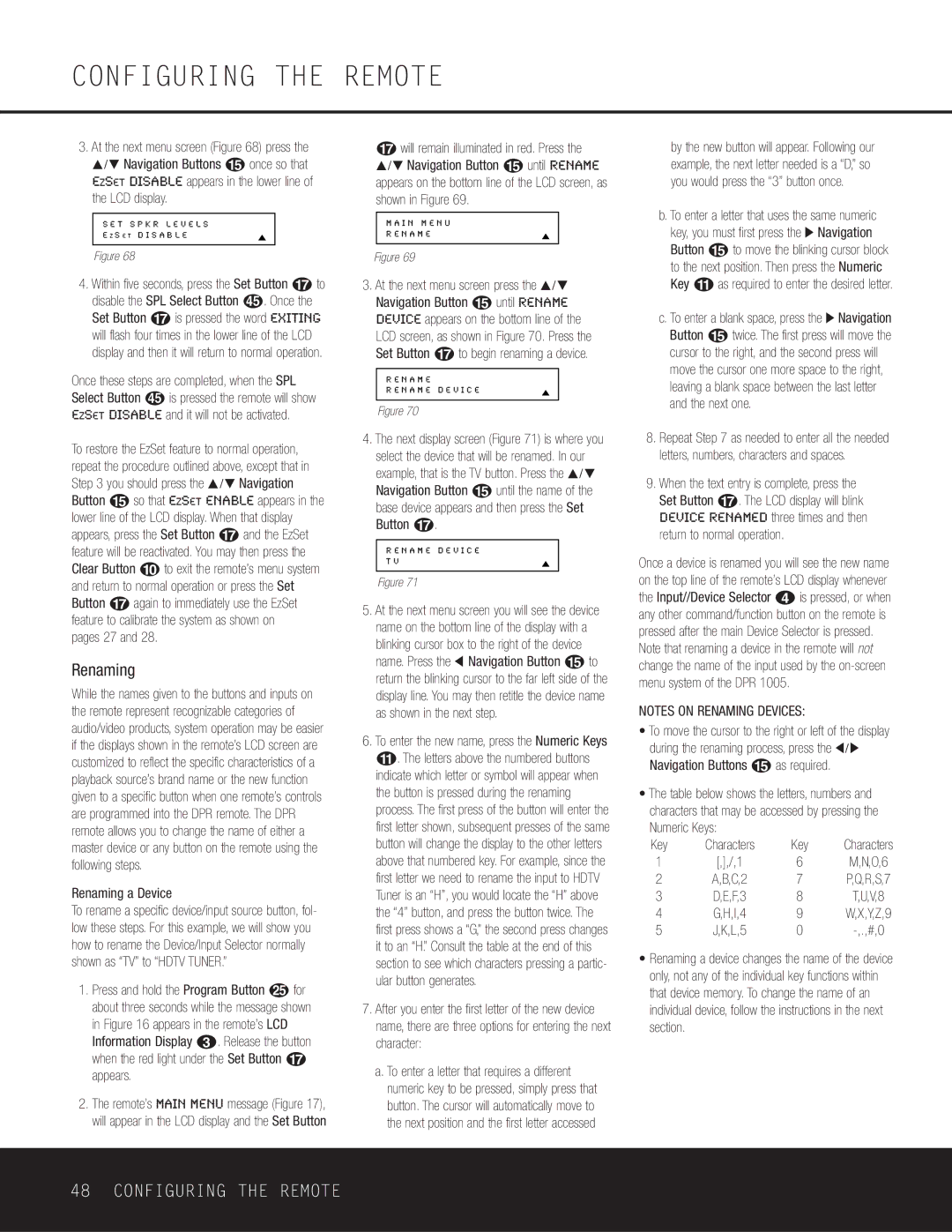 Harman-Kardon DPR 1005 owner manual Pages 27, Renaming a Device, Numeric Keys, Characters 