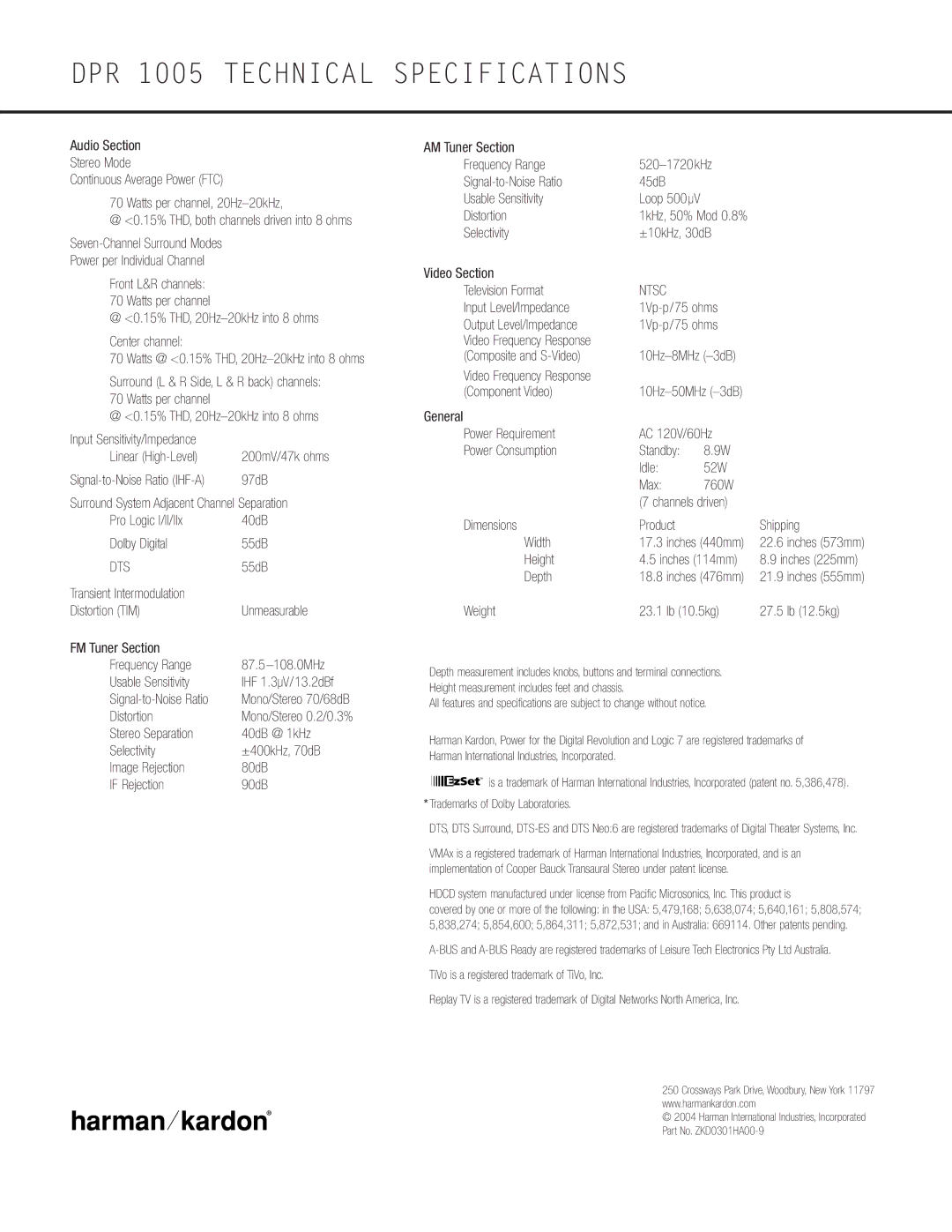 Harman-Kardon owner manual DPR 1005 Technical Specifications 