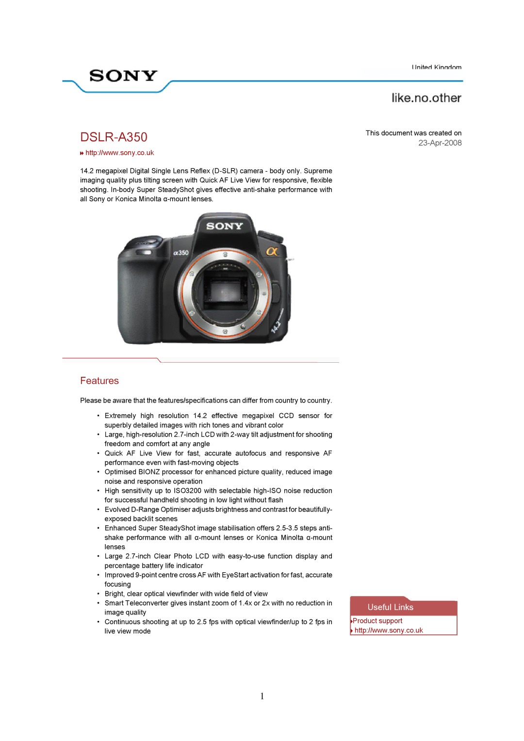 Harman-Kardon DSLR-A350 specifications 