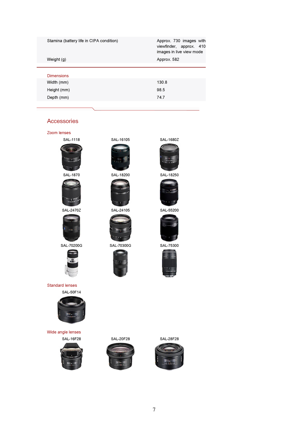 Harman-Kardon DSLR-A350 specifications Dimensions, Zoom lenses, Standard lenses, Wide angle lenses 