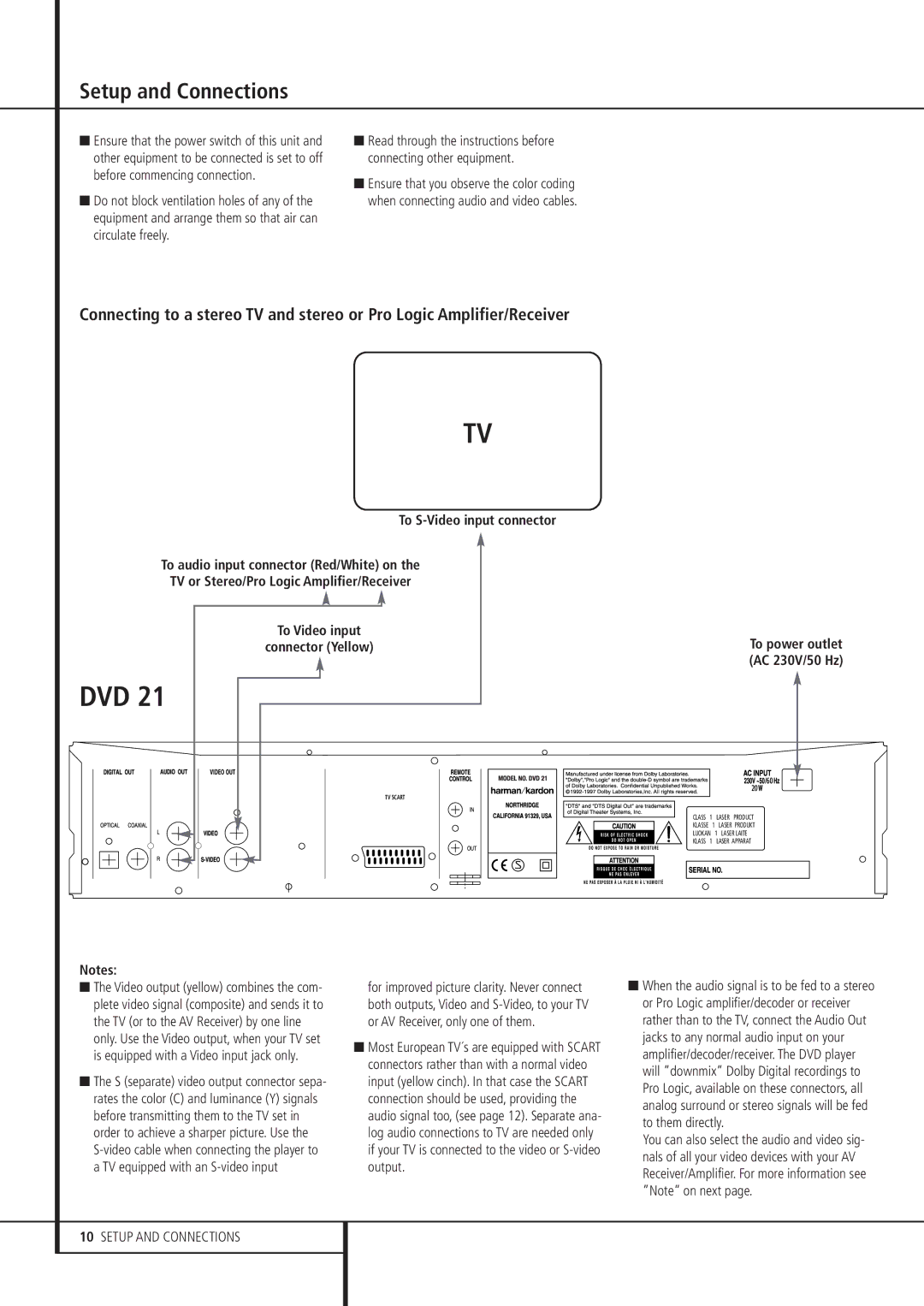 Harman-Kardon DVD 21 owner manual Setup and Connections 