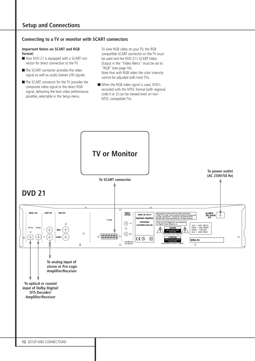 Harman-Kardon DVD 21 Connecting to a TV or monitor with Scart connectors, Important Notes on Scart and RGB format 