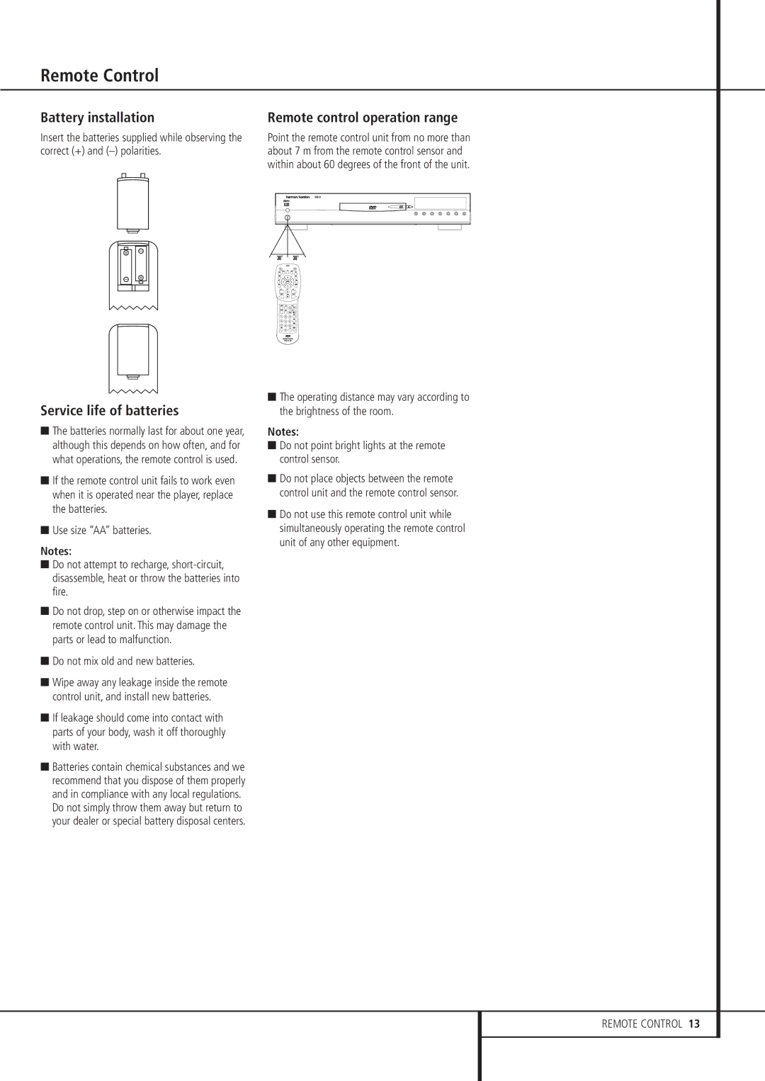 Harman-Kardon DVD 21 Remote Control, Battery installation, Service life of batteries, Remote control operation range 