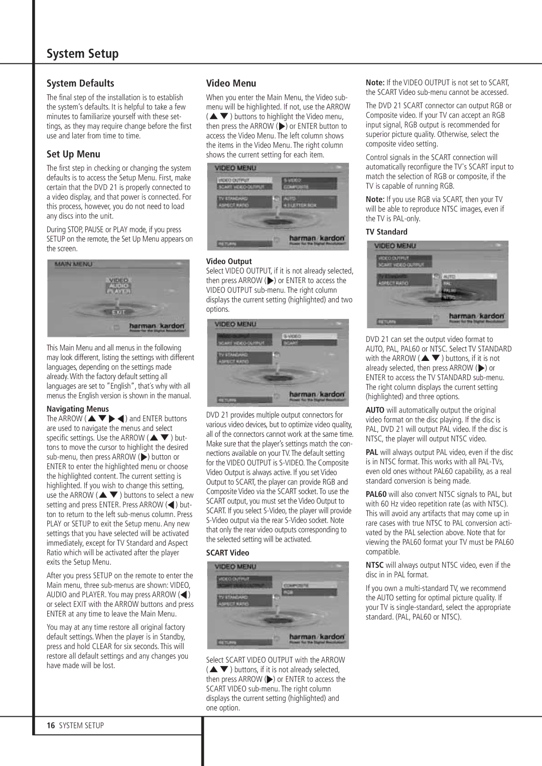 Harman-Kardon DVD 21 owner manual System Setup, System Defaults, Set Up Menu, Video Menu 