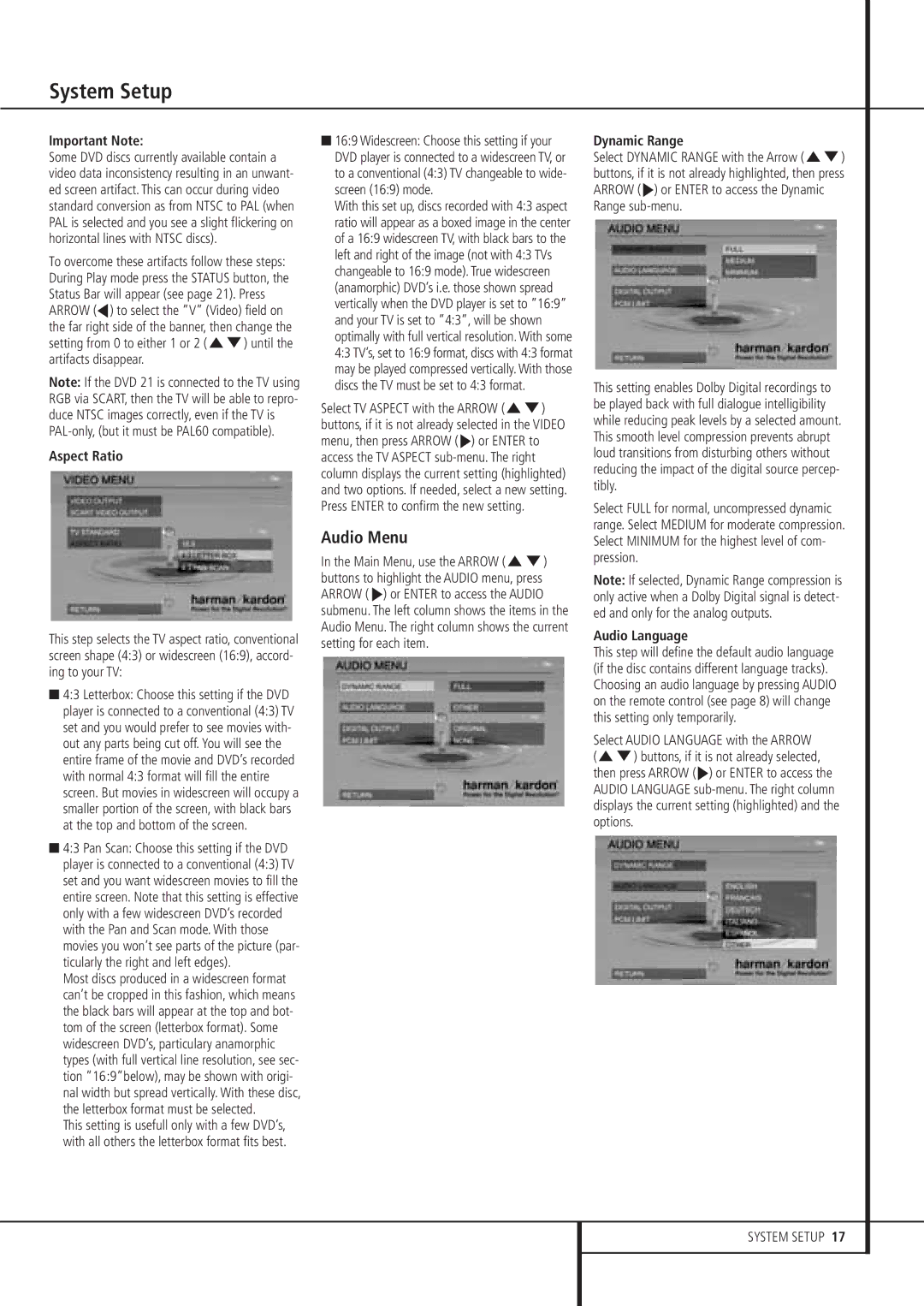 Harman-Kardon DVD 21 owner manual Audio Menu, Important Note, Aspect Ratio, Dynamic Range, Audio Language 