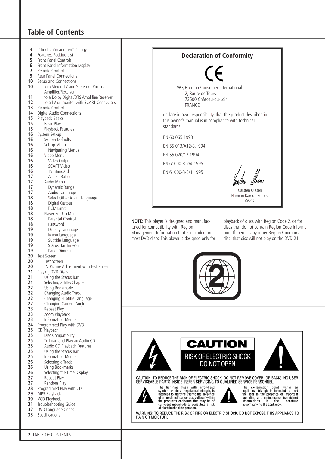 Harman-Kardon DVD 21 owner manual Table of Contents 