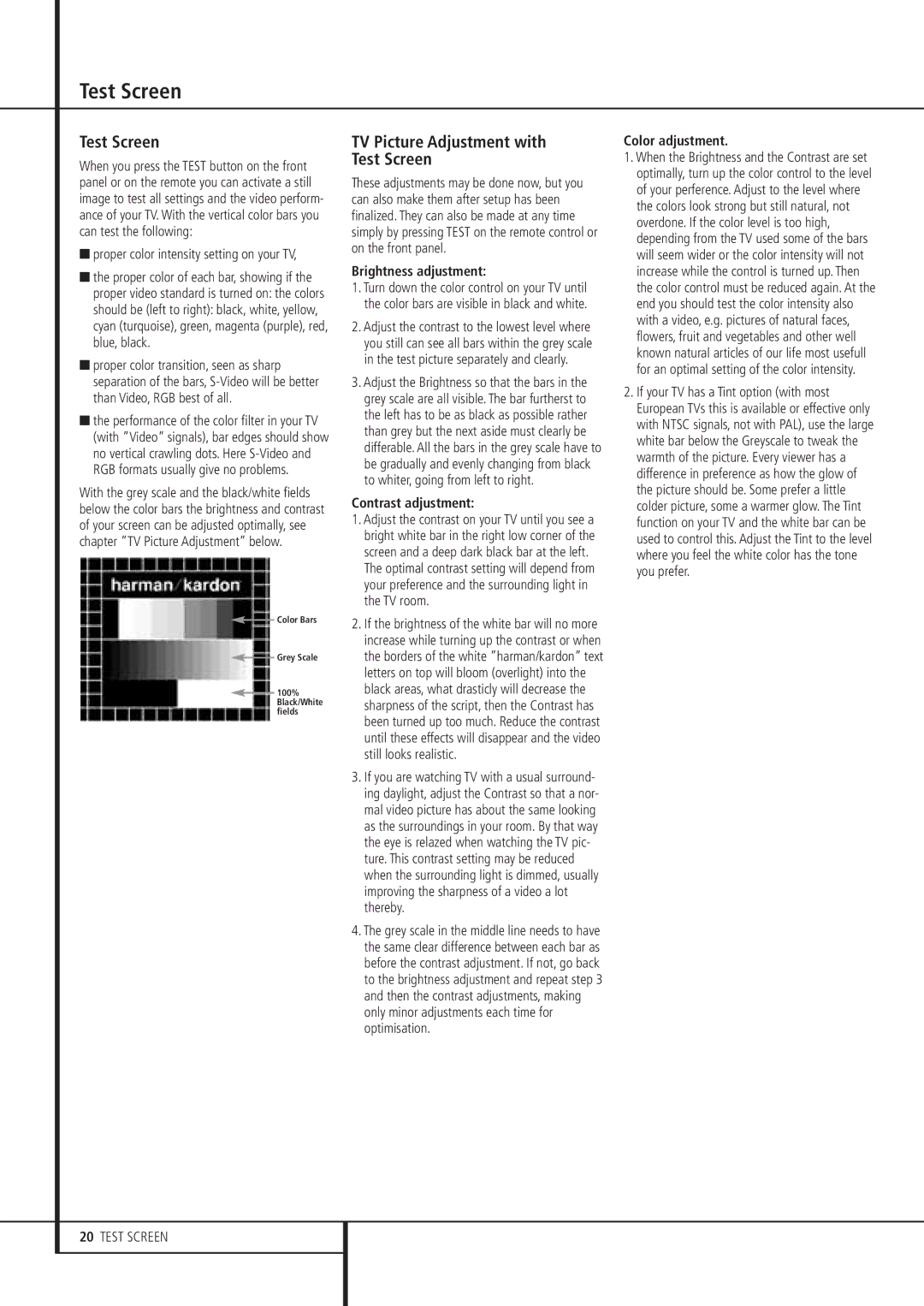 Harman-Kardon DVD 21 owner manual TV Picture Adjustment with Test Screen 