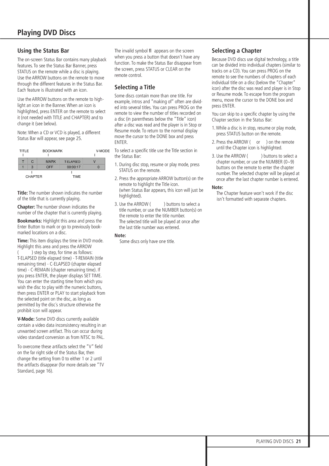 Harman-Kardon DVD 21 owner manual Playing DVD Discs, Using the Status Bar, Selecting a Title, Selecting a Chapter 