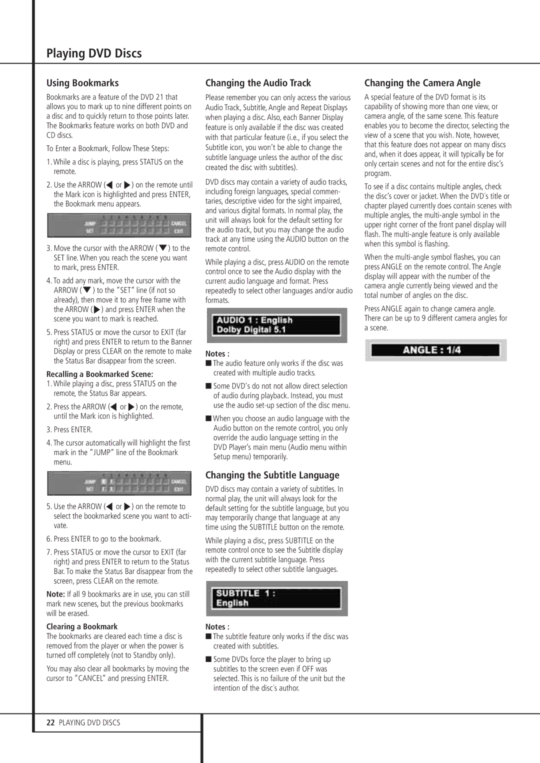 Harman-Kardon DVD 21 Using Bookmarks, Changing the Audio Track, Changing the Subtitle Language, Changing the Camera Angle 