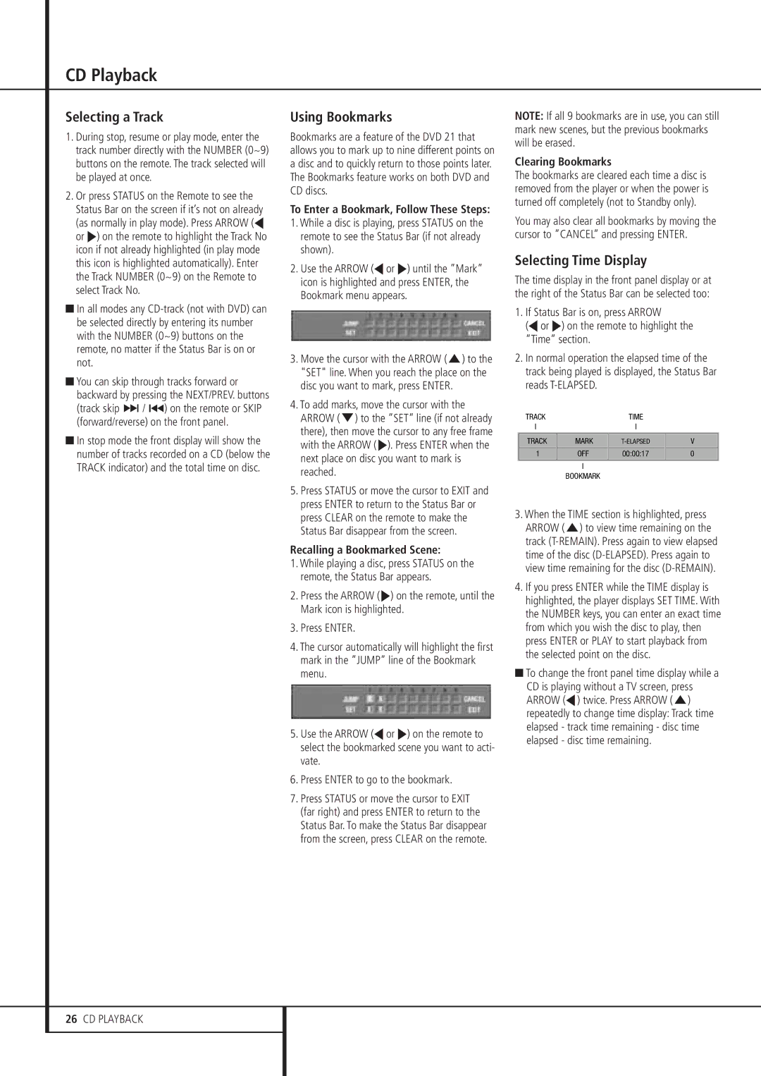 Harman-Kardon DVD 21 owner manual Selecting a Track, Selecting Time Display, Clearing Bookmarks 