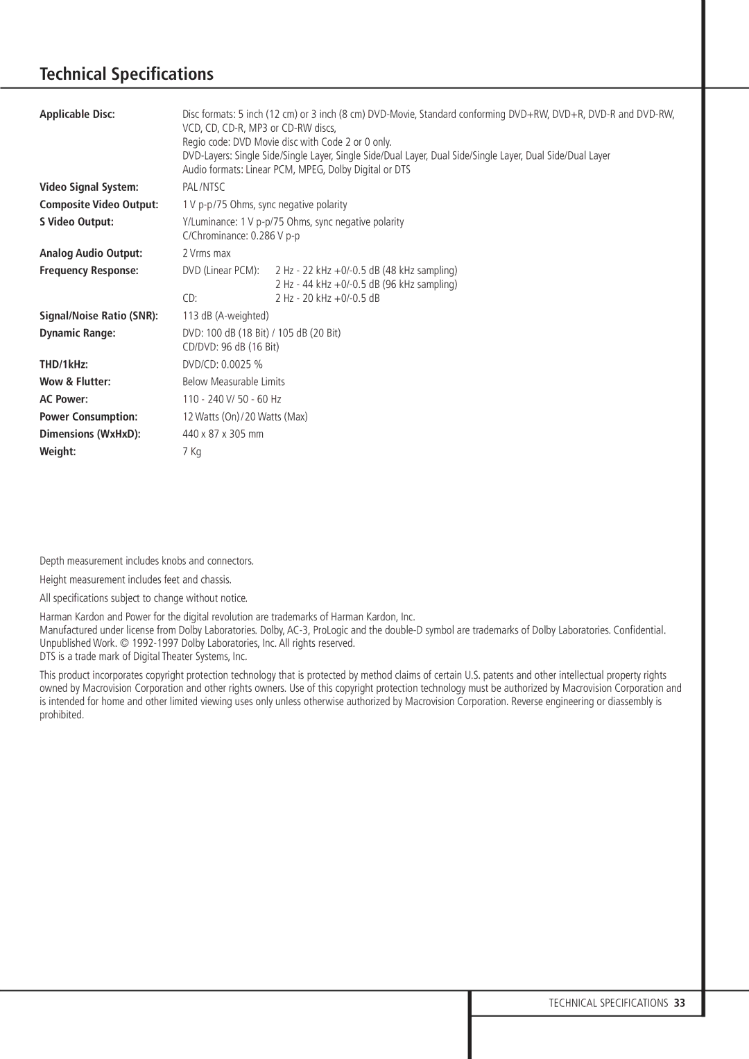 Harman-Kardon DVD 21 owner manual Technical Specifications 