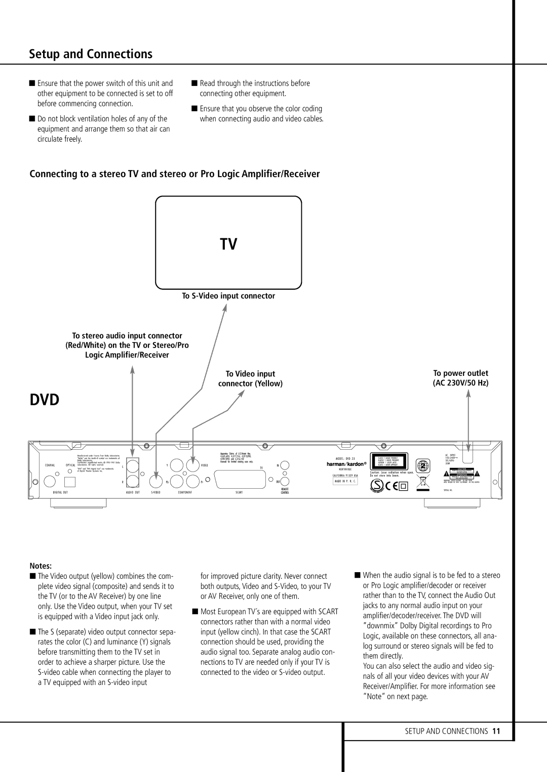 Harman-Kardon DVD 23 owner manual Setup and Connections 