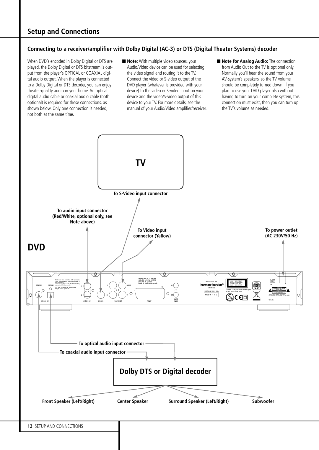 Harman-Kardon DVD 23 owner manual Dolby DTS or Digital decoder 